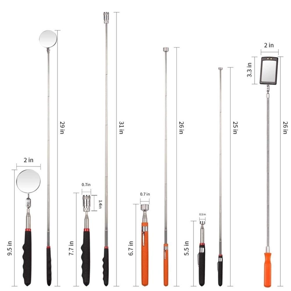 Miroir d'inspection télescopique Outil de ramassage magnétique télescopique 5 pièces, Comprenant Une Tige de ramassage de 10 LB/ 8 LB/ 5 LB et Un Ensemble de miroirs d'inspection Ronds