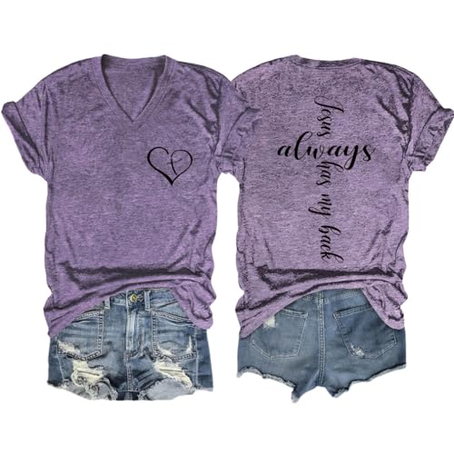 Image of Jesus Christian Shirts Womens Jesus Always Has My Back Tshirt Religious Faith T-Shirt V Neck Inspirational Funny Top