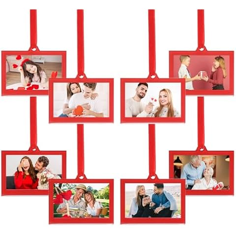 UNIQOOO 8 Pcs Christmas Acrylic Red Photo Frame Ornaments for Display Picture, 3 x 2 inch Festive Hanging Decoration, Double-Sided Picture Frames for Holiday Season, Home, Party, Xmas Tree Decorations Cover