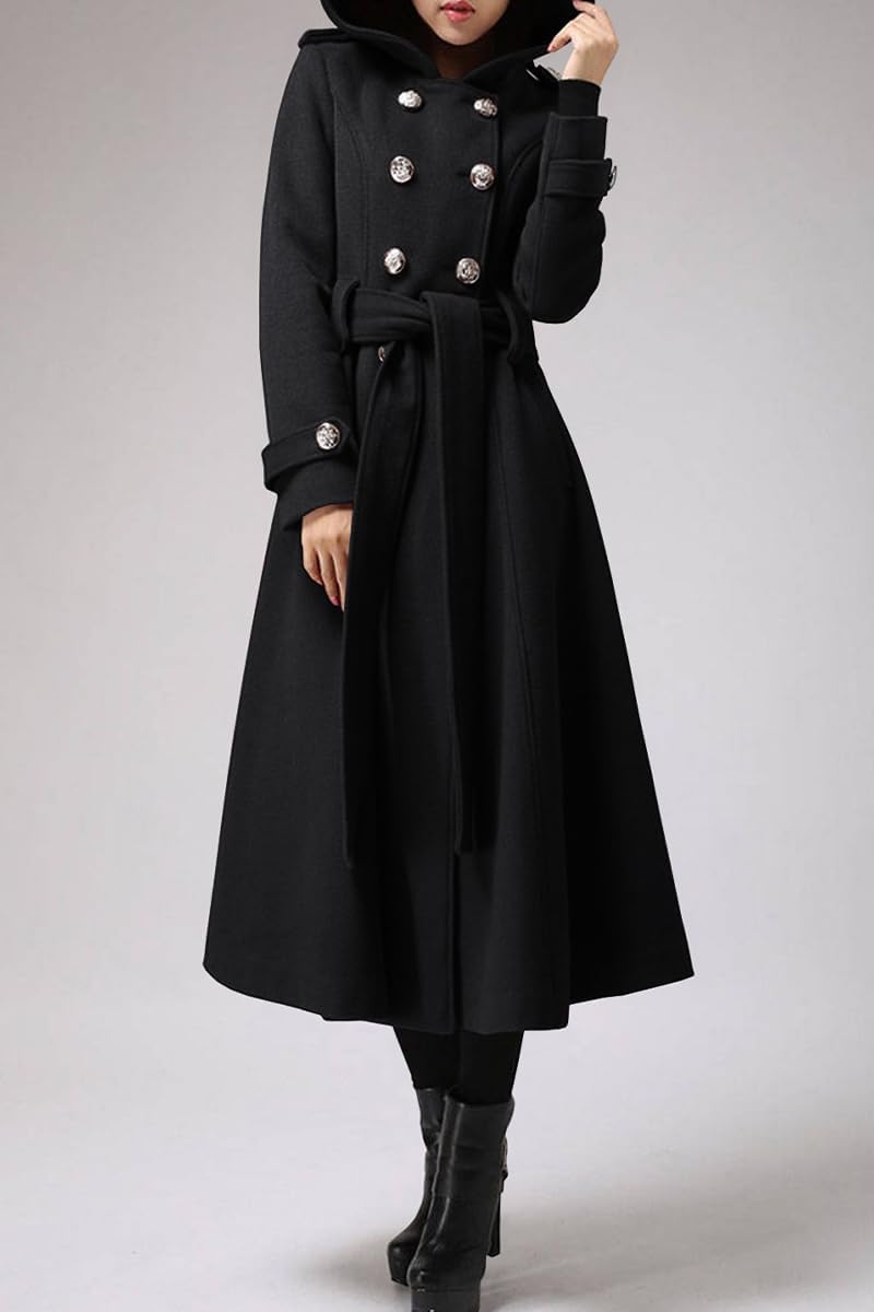 Cicy Bell Womens Long Double-Breasted Hooded Coat Winter Warm Wool Trench Coat with Belts - Image 3