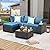 JOYURE 5 Pieces Patio Furniture Set All-Weather Outdoor Wicker Sectional Conversation Sofa Rattan Patio Seating Sofa with Cushion and Glass Table for Porch Poolside,Peacock Blue
