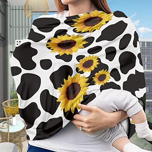 Image of Coldinair Cow Sunflower Print Car Seat Cover for Babies Girls,Soft Stretchy Nursing Cover,Breathable Infant Carseat Canopy,Shopping Cart /High Chair /Stroller Covers