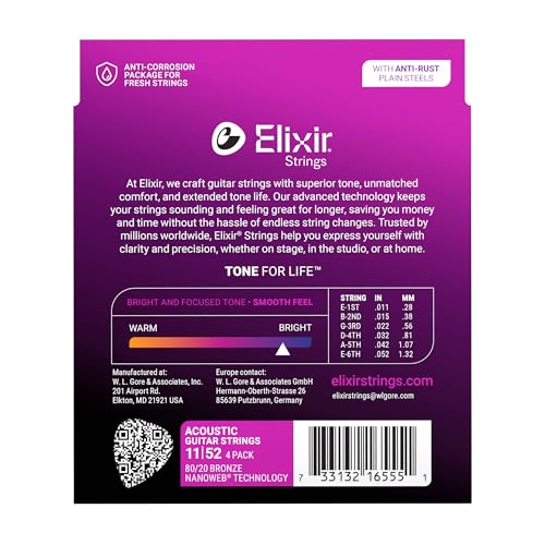 Image of Elixir Strings, Acoustic Guitar Strings, 80 /20 Bronze with NANOWEB Technology, Longest-Lasting Bright and Focused Tone with Comfortable Feel, 4 Pack, Custom Light 11-52
