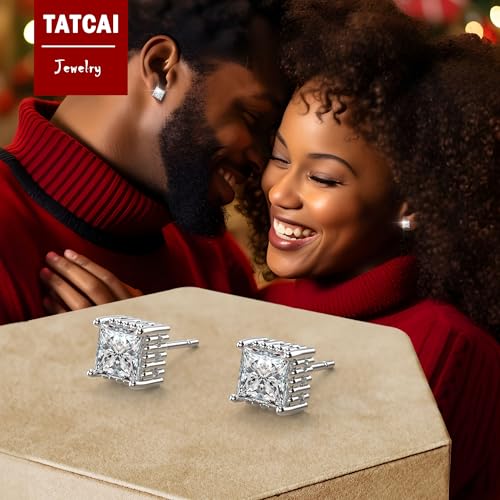 Princess Cut Square Cubic Zirconia Stud Earrings for Men Women 18K White Gold Plated Sterling Silver 4 Prong CZ Simulated Diamond Stud Earrings2