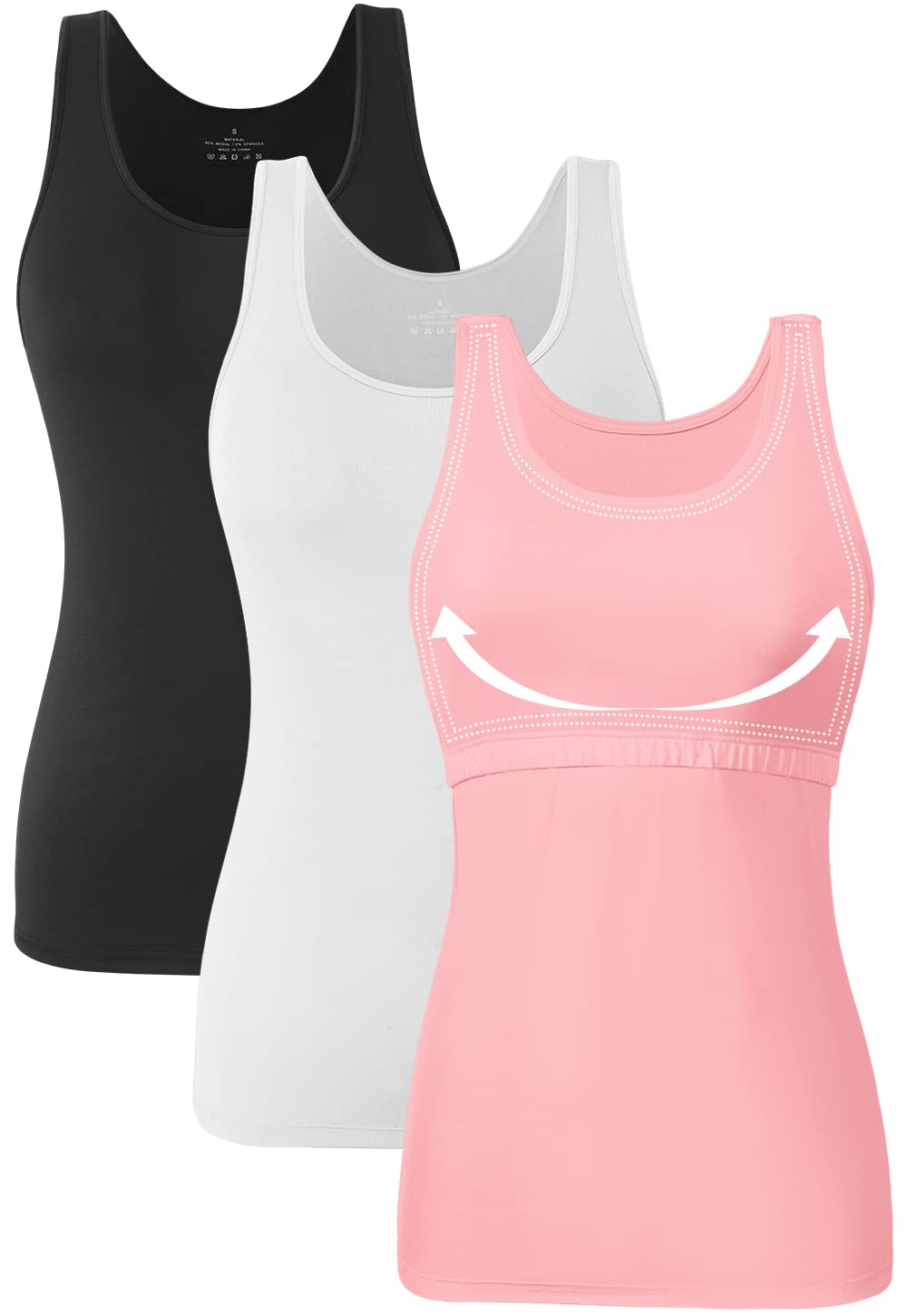 Orrpally Camiseta básica de algodón para mujer, para estante, sostén, sin mangas, 3 unidades, Negro/ blanco/ rosa, X-Large