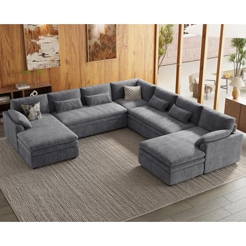Belffin Large Modular Sectional Sofa with Double Deep Chaise and Loveseat, Corduroy U Shape Couch with 9" Soft Dual-Layer 9 Seats Cushion for Living R
