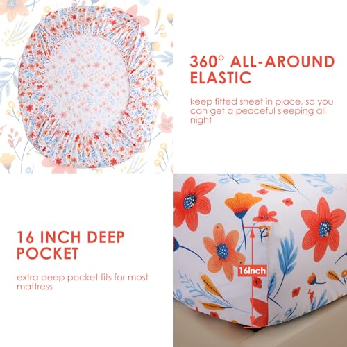 Image of JSD Boho Floral Printed Full Sheet Set 16 inch Deep Pocket | 4 Piece Soft Microfiber Sheets, Watercolor Pink Blue Flower Patterns, OEKO-TEX Certified, Easy Care