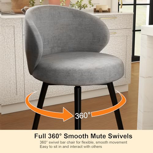 Image of 360 Swivel Modern Bar Stool Set of 2, 26 inch Upholstered Counter Height Bar Stools with Wingback, Soft Linen Fabric, Counter Chairs with Arm for Kitchen Island or Home Bar, Grey