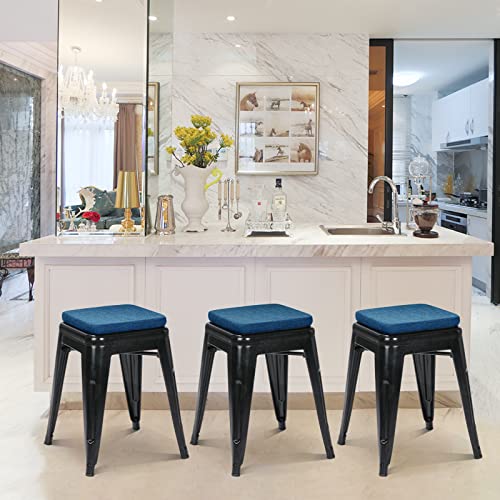 Buyue Natural Linen Magnetic Bar Stool Cushions Set Of 4, Enhanced Anti-Slip Breathable Small Chair Seat Pads For Café Bistro Stackable Metal Stools (Square, Dary Blue, 4 Counts) #TOP2