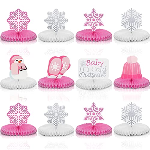 12 Pcs Snowflake Honeycomb Centerpieces for Table Winter Wonderland Christmas Decorations Baby It's Cold Outside Pink Centerpiece Silver Baby Shower Snowflake Party Supplies for Winter Birthday Party