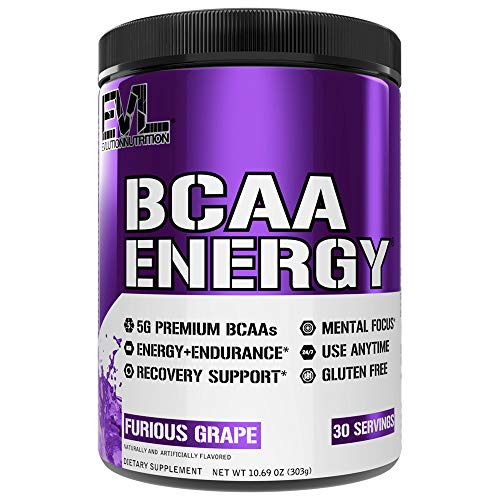 Evlution Nutrition BCAA Anytime Energy Powder - Pre Workout Powder with BCAAs Amino Acids, Post Workout Recovery Drink, Vitamin C, Vitamin B12, Muscle Recovery, Endurance (30 Servings, Amazing Grape)