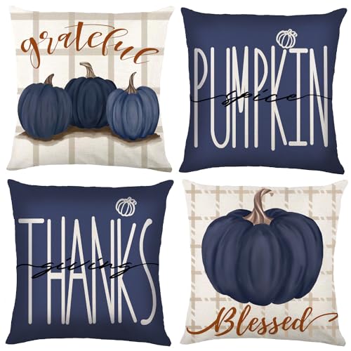 Heirloom Haven HH-US-ST587M1P1 Fall Pillow Covers 18X18 Inch Set Of 4, Buffalo Plaid Blue Pumpkin Giving Thanks Grateful Blessed Decorative Throw Cushion Case Autumn Thanksgiving Pillow Home Sofa Couch Decor cover