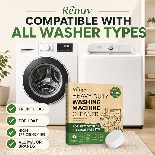 Image of Renuv Heavy Duty Washing Machine Cleaner For Pet Owners, 12 XL Tablets | For Dog & Cat Hair, Removes Stink, Odor, Residue, Grime, Front Load or Top Load Washer, HE and Septic Safe, 1 Year Supply