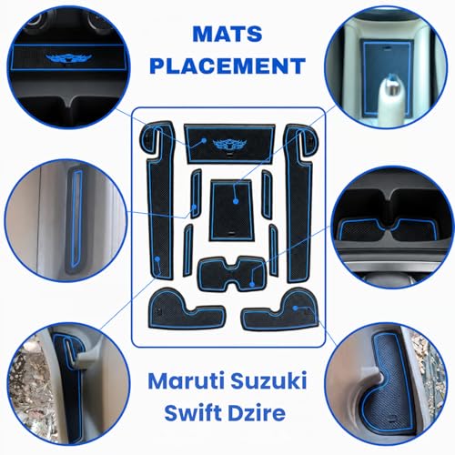 Image of Car Drome Rubber The Mat Store Door Cup Mats | Maruti Suzuki Swift Dzire for Model Year from 2018 Onwards | Premium Decorative Stylish Car Interior Accessories | Set of 11 Mats | Blue Trim
