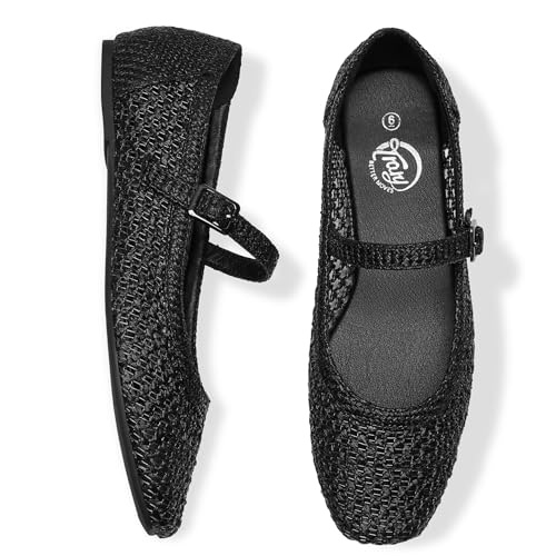 Image of Trary Mary Jane Shoes Women Woven Flats for Women Dressy Ballet Flats Squared Toe Mary Jane Flats Shoes