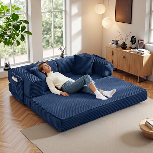 Image of Boneless Couch Futon Sofa Bed Sectional Couches for Living Room,Cloud Couch with Sleeper Sofa,Sofas for Living Room Oversized Corduroy Upholstered (Blue, 81 Inches (with Iron Frame))