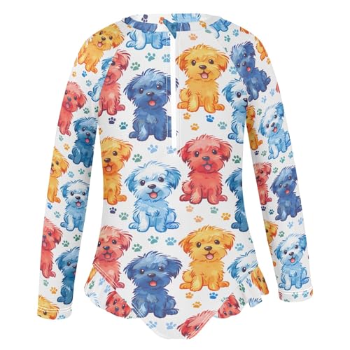 Kawaii Style Colorful Dog Cartoon Girls Long Sleeve Swimsuit Rash Guard One Piece Bathing Suits Zipper 3-12T2