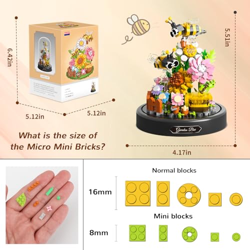 Image of QLT QIAOLETONG Flower Bouquet Building Sets, 588 PCS Animals Flowers Botanical Collection Mini Bricks Building Blocks Toy for Adults, Valentine's Day for Her Mom Women Wife Girlfriend (Bee)