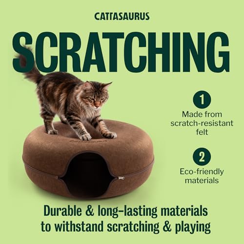 Image of Cattasaurus Peekaboo Cat Cave Donut for Multiple & Large Cats up to 30-45 lbs, 3-in-1 Self Warming Cat Bed, Tunnel & Scratcher for Indoor Cats, Washable & Detachable Small Dog Bed (Brown, Jumbo)