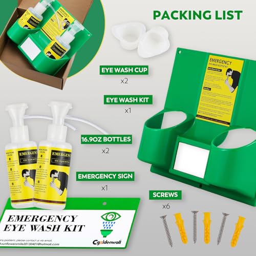 Image of CGOLDENWALL Eye Wash Station Eyewash Stations OSHA Approved, Emergency Eye Wash Kit Portable Wall Mounted, Two 16.9oz Bottles, with Mirror&Emergency Sign, NO Solution