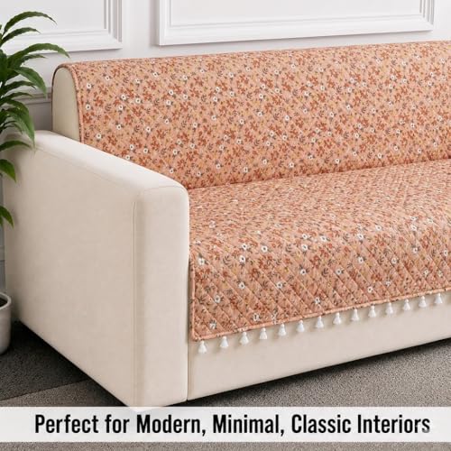 Image of STITCHNEST 'Frostvine Collection' 2 Seater Sofa Cover - Full Coverage| Cotton Quilted Fabric, Decorative Tassels, Washable & Durable for Modern Living