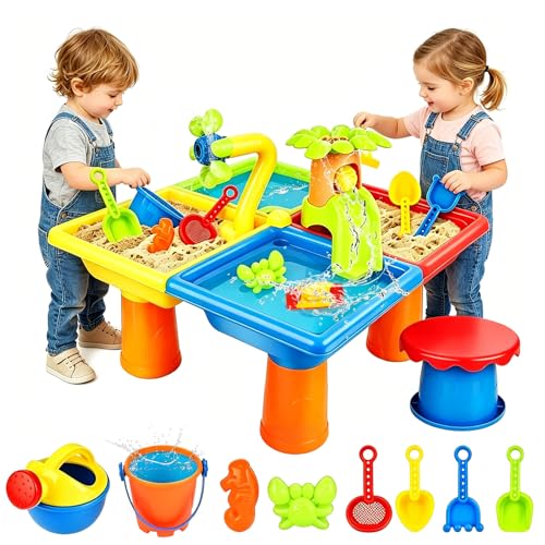 Table à Eau de Sable 4 en 1, 25 Pièces Table d'eau pour Enfants, Table de Plage pour Enfants, Table d‘Activités Sensorielle Enfant, pour Jeu Sensoriel,...