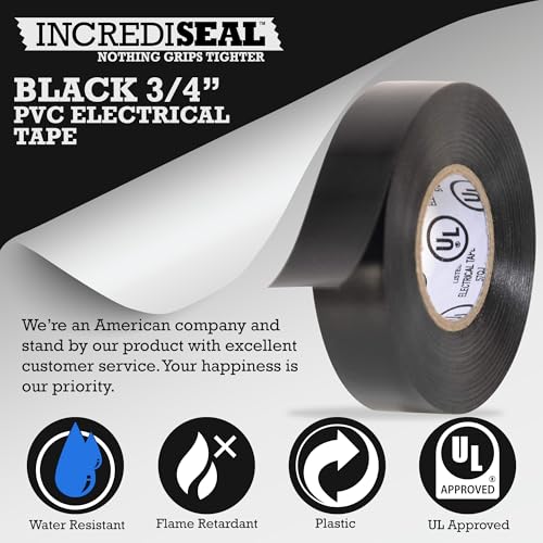 Image of IncrediSeal Black 3 /4 inch PVC Electrical Tape, 20 Yds, 7.0 Mil, Commercial, Water Resistant, Flame Retardant, Plastic, Vinyl, UL Approved, 600V (10 Rolls)