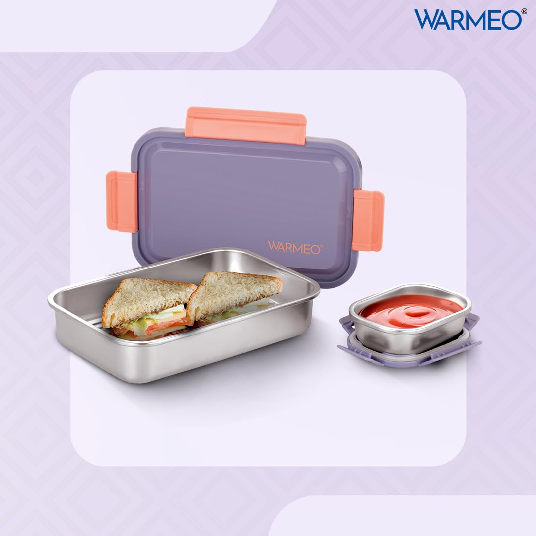 WARMEO Carnival Stainless Steel Airtight Leak-Proof Lunch Box, Light Weight, Easy to Clean, Perfect for Office, School, Picnic & Travelling, Set of 2 (800ml+150ml) Purple & Peach — Amazon image 2