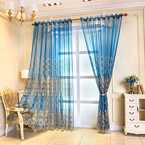 Elkca Peacock Blue Sheer Curtains With Circle Embroidered For Living Room Luxury Tulle Curtains For Bedroom,52Inch By 96Inch,Grommet Top,2 Panels #TOP19