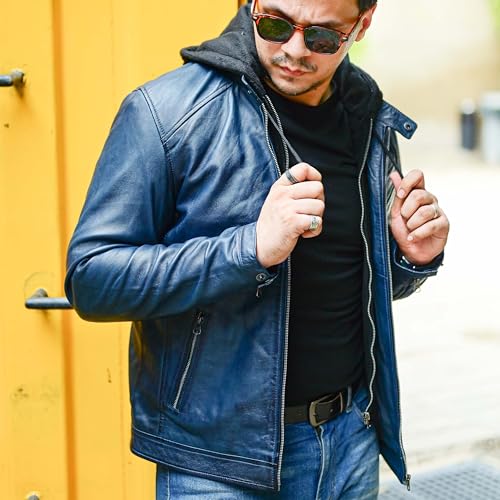 Image of Jild Hooded 2.0 Leather Jacket Men - Genuine Lambskin Leather Bomber Jacket with Removable Hood for Mens Fashion