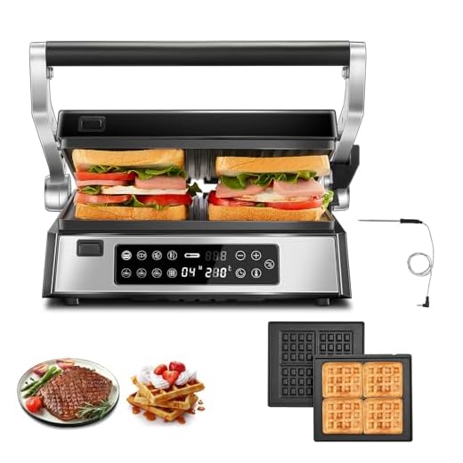 FOHERE XL Kontaktgrill Multifunktionaler, 4 in 1 SandwichMaker & Waffeleisen 2200W mit 4 Antihaftbeschichteten abnehmbaren Platten, individuelle Zeit und Temperatur, LED-Anzeige, 8 Programme