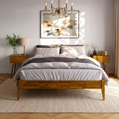 Bme Dinkee Wooden Queen Bed Frame, 15 Inch Height, Elegant Minimalist Modern Design with Japanese Joinery, Durable Wood Slats for Reliable Support, No Box Spring Required, Caramel