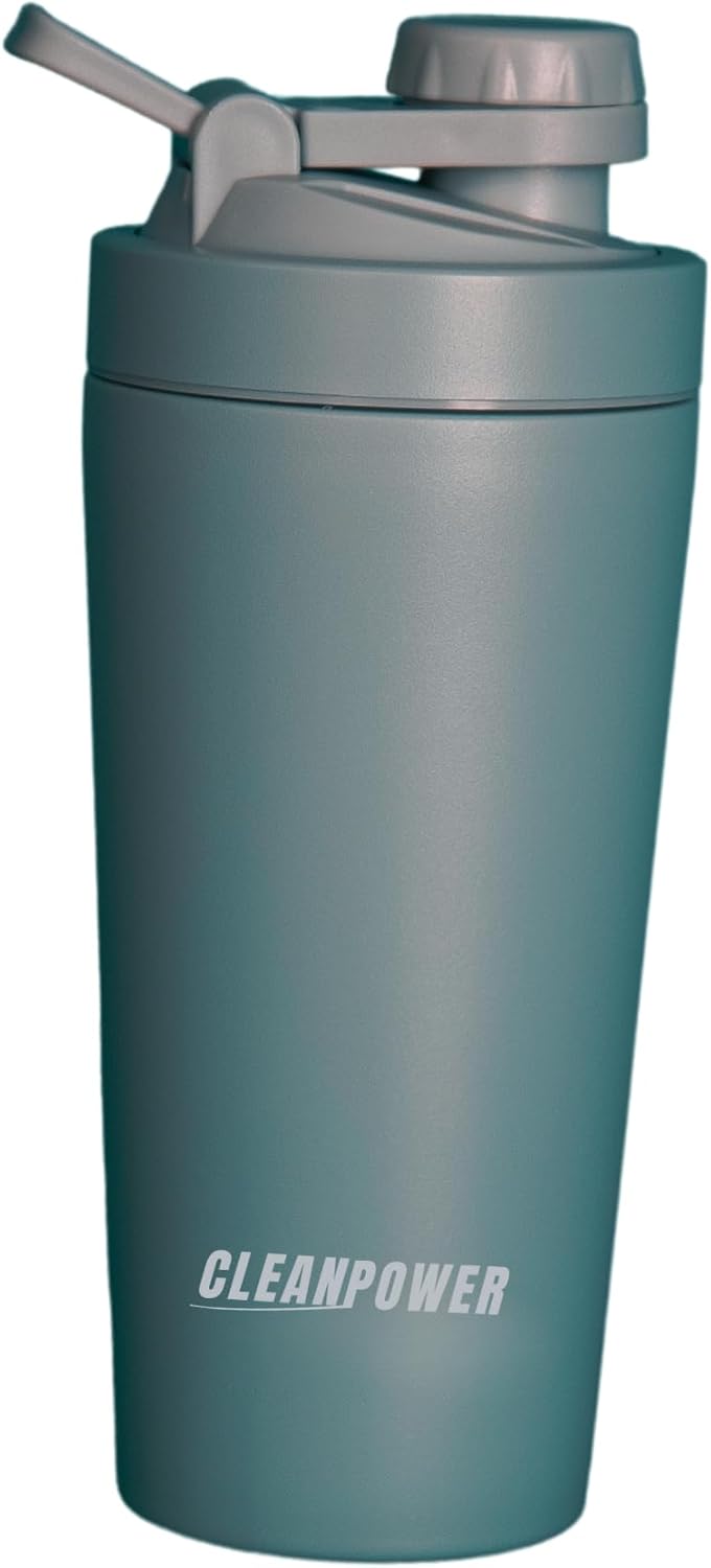 Clean Power Stainless Steel Shaker Bottle | Perfect for Protein Shakes, Pre-Workout, Smoothies, Coffee, etc. | Odor-Resistant | BPA Free Lid (Sage Green)