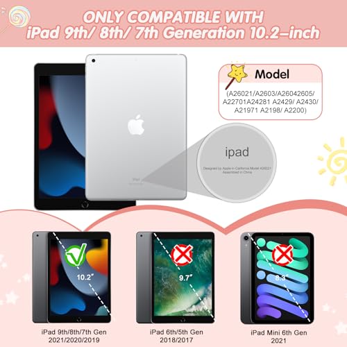 SIBEITU Kids Case for iPad 9th 8th 7th Generation (2021/2020/2019) with Pencil Holder & Kickstand, Slim Heavy Duty Rugged Shockproof Protective iPad 10.2 inch Case for Kids Girls Boys (Pink+White)