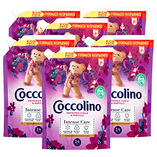 6 x Coccolino Intense Care Suavizante Concentrado Perfume Orquídea Morada y Arándanos 144 lavados totales - 6 frascos de 600 ml cada uno