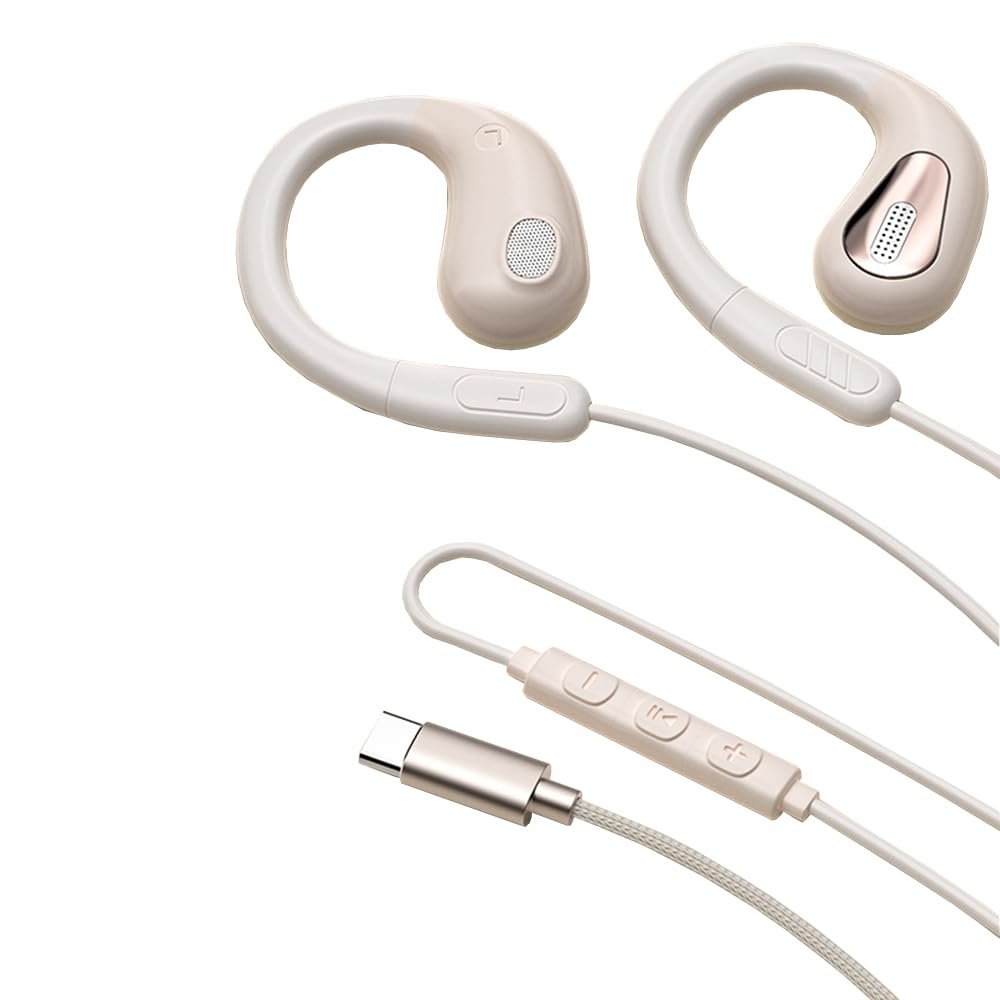 【新登場・オープンイヤー】有線イヤホン タイプcジャック 耳掛け式 マイク付き 耳を塞がない 開放型 音量調節 ながら聴き クリア通話 ハンズフリー テレワーク/オンライン会議 （肌の色）