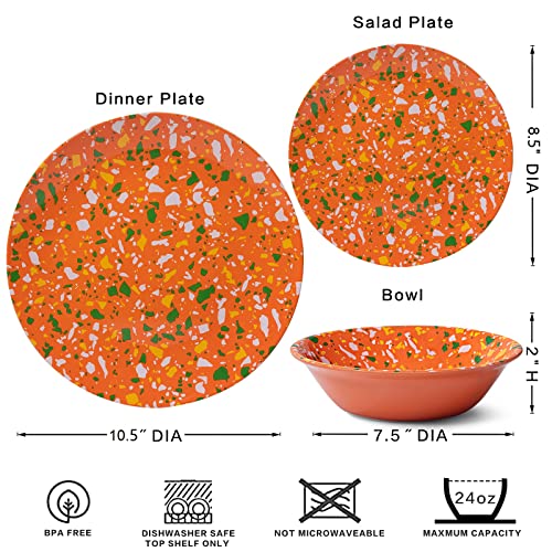 Lehaha 12 Piece Melamine Dinnerware Sets, Service For 4, Lightweight Dishwasher Safe Dishes/Plate And Bowl Set Great For Outdoor Dining Party Camper Rv, Confetti Design (Orange) #TOP5