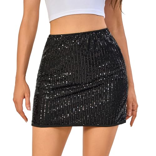 Mizogleam Sequin Skirt Women High Waist Mini Skirt Stretchy Bodycon Sparkly Glitter Shiny for Night Out Club Party Black