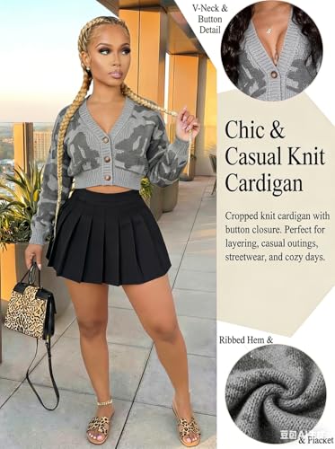 Image of ThusFar Women Fashion Button Down Colorblock Cardigan Sweaters Fall Slim Crop Outwear Open Front Knit Coat Streetwear
