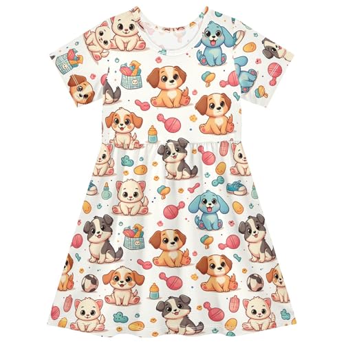 ALAZA Cartoon Puppy Dog Funny Toddler Girls Dress Short Sleeve A-line Dress 2-8 Years
