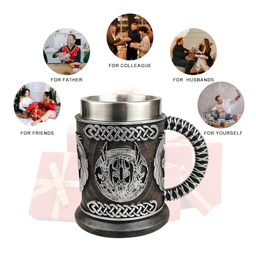 Viking Mug Beer Stein Tankard, Stainless Steel Drinking Tankard Mug Coffee Cup, Medieval Norse Mythology Folklore Poetic Edda Gothic Decor Party Decoration Drinkware Gift for Men