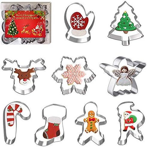 SIENON 9 Pcs Christmas Cookie Cutter Set, Christmas Holiday Cookie Molds, Christmas Biscuit Cutters with Snowflake, Christmas Tree, Reindeer, Candy Cane, Gingerbread Man, Angel, Santa Claus and More