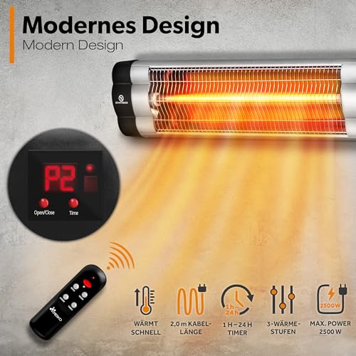 TRESKO Infrarot Heizstrahler 2500W mit Fernbedienung | Wärmestrahler Terrasse elektrisch mit 3 Heizstufen | Terrassenstrahler Innen & Außen | Wand- Infrarotstrahler mit LED- Anzeige Quarzstrahler-2