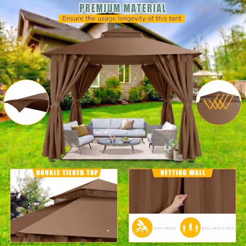 Image of COBIZI 10x10 FT Outdoor Gazebo, Soft Top Patio Gazebo with Ventilated Double-Tier Roof, Heavy-Duty Metal Frame Canopy with Removable Privacy Curtains for Backyard, Garden, Lawn, Brown