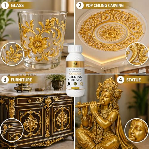 Image of UGLS Gold Leaf Sheets Art (8 x 8 cm, 100 Sheets) with 150 ml Golden Glue Gilding Adhesive | Gold Foil for Gilding, Resin Art, Mysore Painting, Arts & Crafts, DIY Crafts & Furniture Decoration