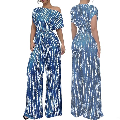 Image of Women's One-Shoulder Wide-Leg Jumpsuit, Asymmetrical Jumpsuit, Floral Print Tie Front Elastic Waist Summer Dressy (Blue,XXL)