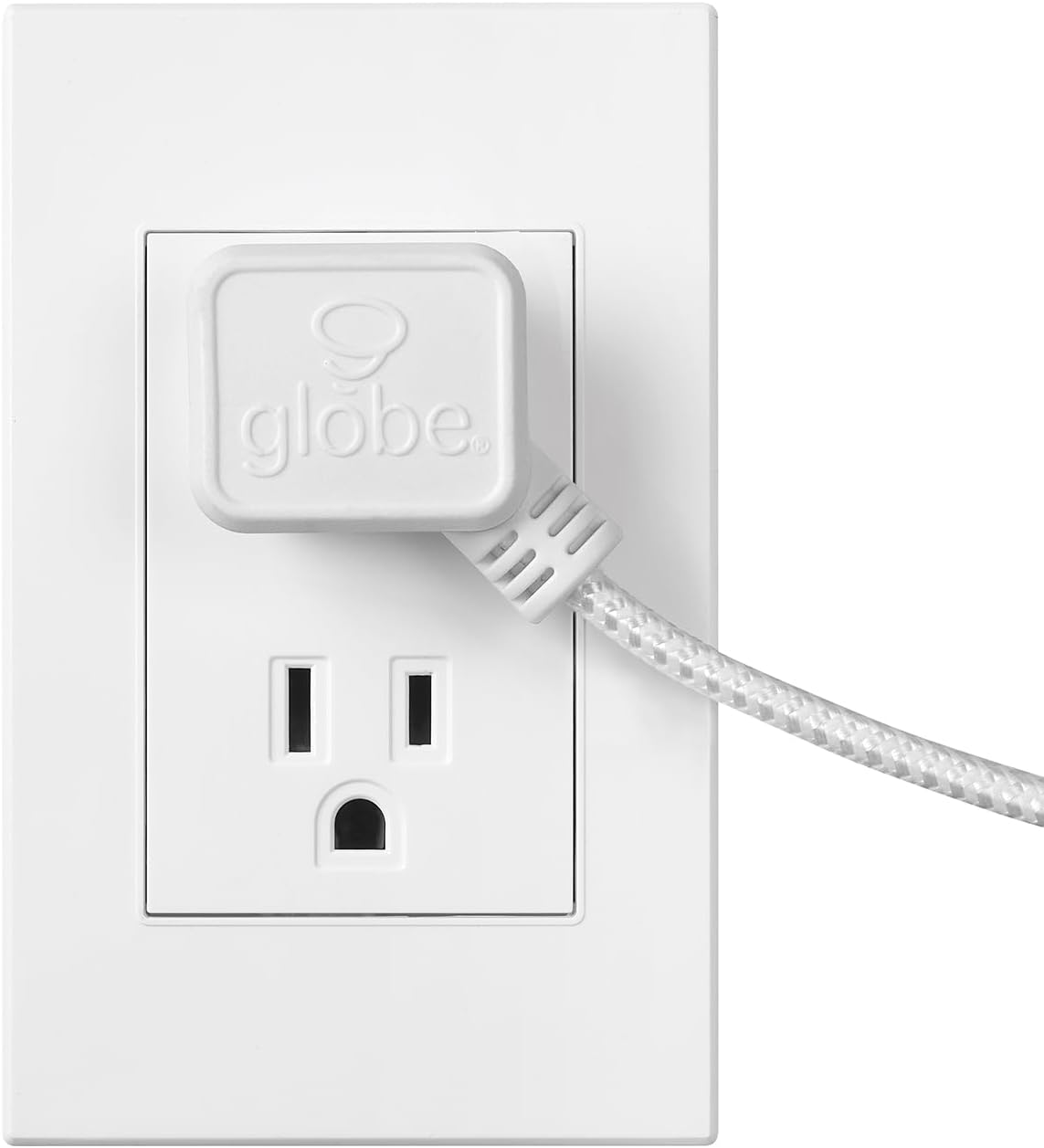 Globe Electric 22811 9ft Fabric Extension Cord, 3 Polarized Outlets, Right Angle Plug, 125 Volts, White, Safety Cover, Home and Office Decor, Modern Indoor Power Cable, Office, Electronics