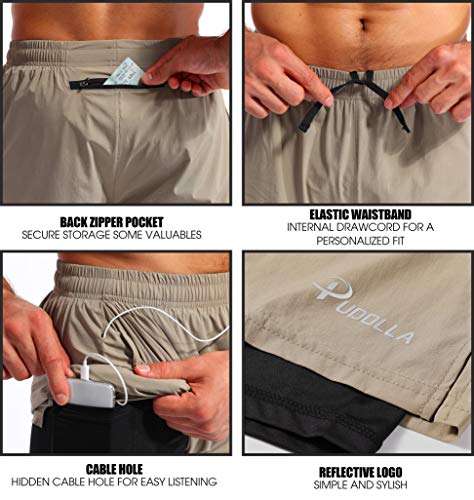 Image of Pudolla Men's 2 in 1 Running Shorts 5 inch Quick Dry Gym Athletic Workout Shorts for Men with Phone Pockets