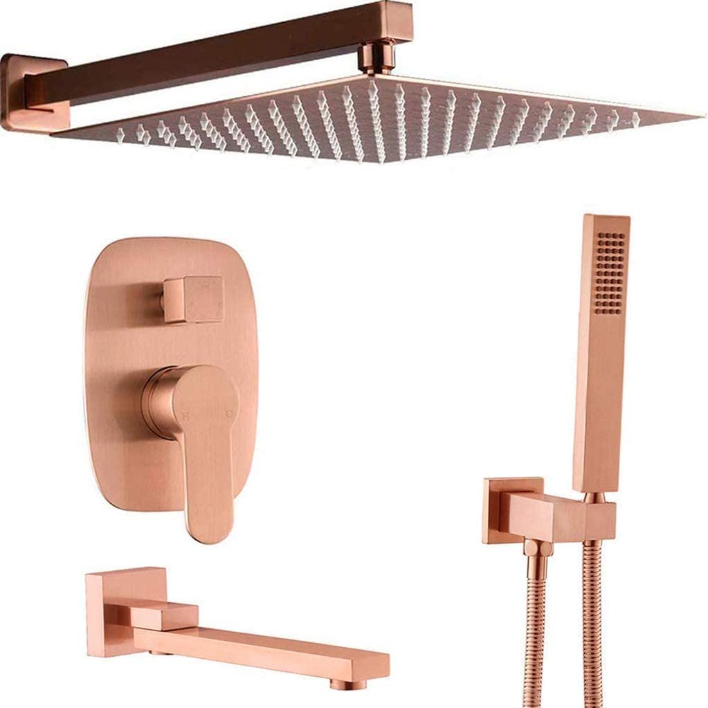GLJTUO Shower System, Wall Mount Brushed Rose Gold Bathroom Brass 10-12 Inch Rainfall Shower Faucet System Mixer Set with Handheld Shower and Tub Taps, Luxury Shower S,10 Inch