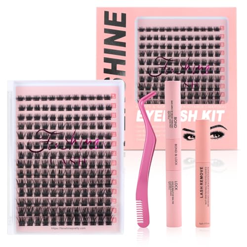 Fenshine Cluster Lashes Individual Lashes Wide Stem C/D Curl 9-15mm Length DIY Eyelash Extension Individual Soft False for Personal Use at Home (MIX 9-16mm, T50 Kit with Remover)